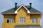 Стены дома, выполненные из несъемной полистирольной опалубки, облицованы плиткой желтого цвета "Дикий камень".